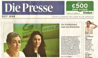 ▲辞任表明した「緑の党」のルナチェク筆頭候補者(左)とフェリーネ党首(右)=オーストリア日刊紙プレッセ10月18日付から