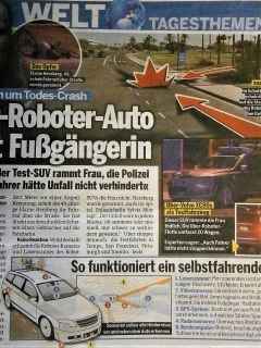 ▲オーストリアの大衆紙「エスターライヒ」21日付の国際面はロボット車の事故を大きく報道
