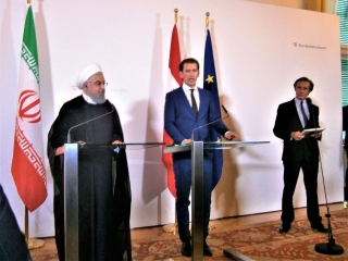 ▲ロウハニ大統領とクルツ首相の記者会見(2018年7月4日、オーストリア連邦首相府で撮影)