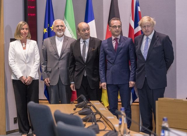 ▲米国のイラン核合意離脱後の対応を協議する5カ国代表(欧州委員会公式サイトから、2018年5月15日)