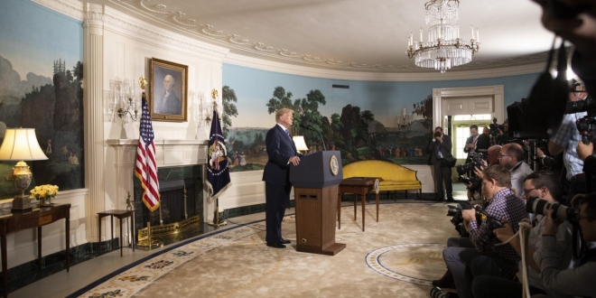▲イラン核合意離脱を表明したトランプ米大統領(2018年5月8日、ホワイトハウスの公式サイトから)