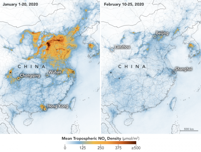 中国における二酸化窒素濃度（1月1-20日、2月10-25日）出所：NASA