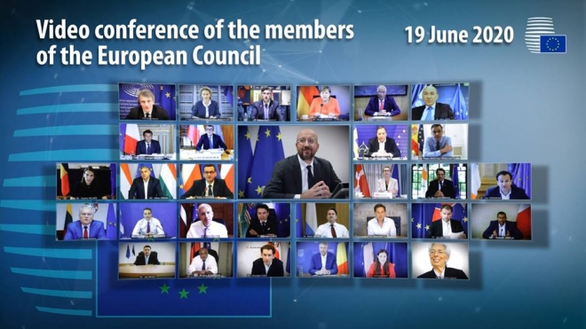▲EU首脳会議のビデオ会議風景（2020年6月19日、EU理事会公式サイドから）
