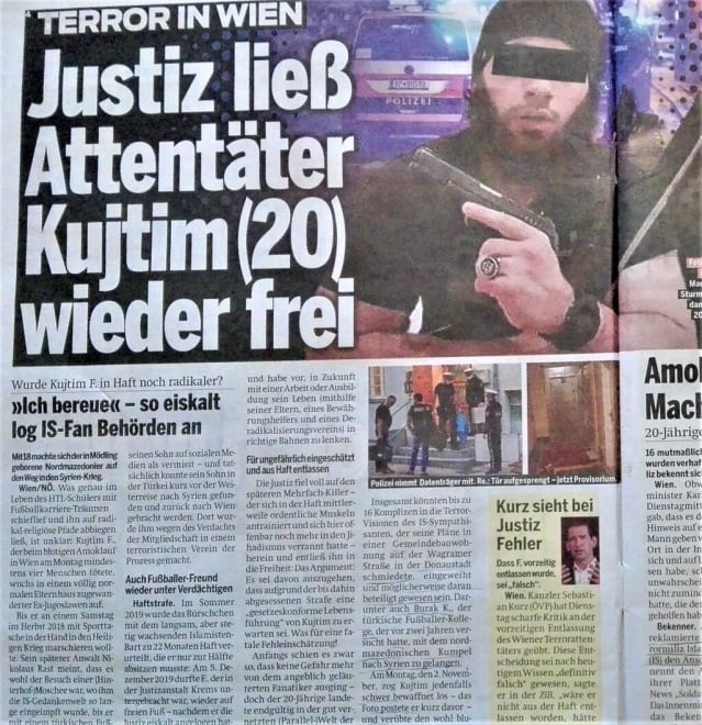 ▲ウィーン銃撃テロ事件を報じるオーストリア日刊紙エステライヒ（11月4日付け）から